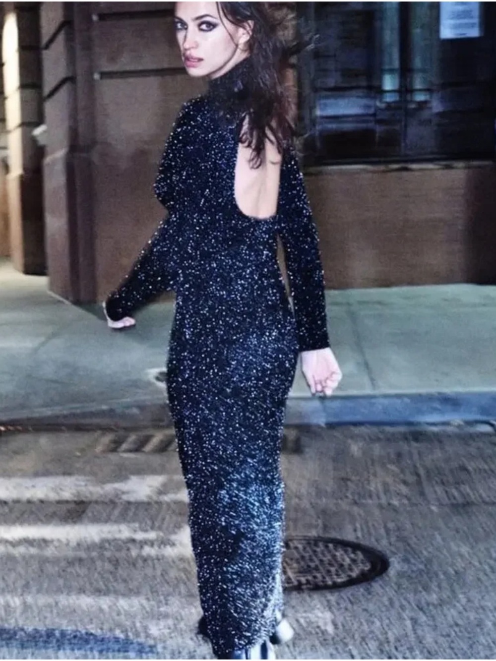 Zara Black Metallic Open Back Maxi Dress Long Sleeve Holiday Party Knit Tinsel